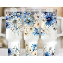 40oz Stainless Steel Tumbler with Handle and Blue floral design