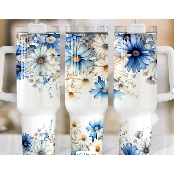 40oz Stainless Steel Tumbler with Handle and Blue floral design