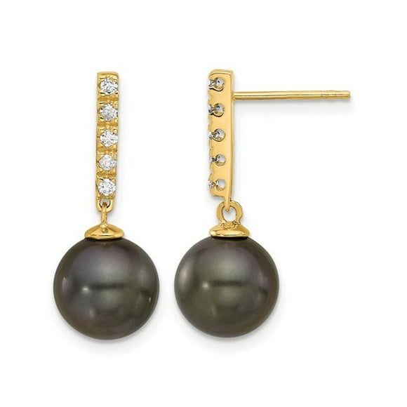 14K Yellow Gold Black Saltwater Tahitian Dangle Pearl Earrings (9-10mm) with Diamonds