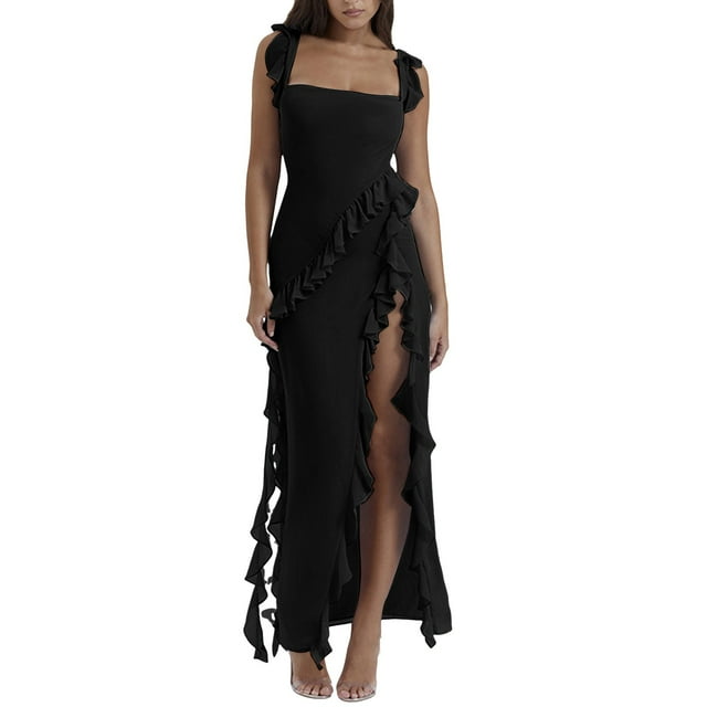 Vestido largo sin mangas sexy con abertura alta y volantes para mujer, color liso, poliéster y spandex, XS-L-XL
