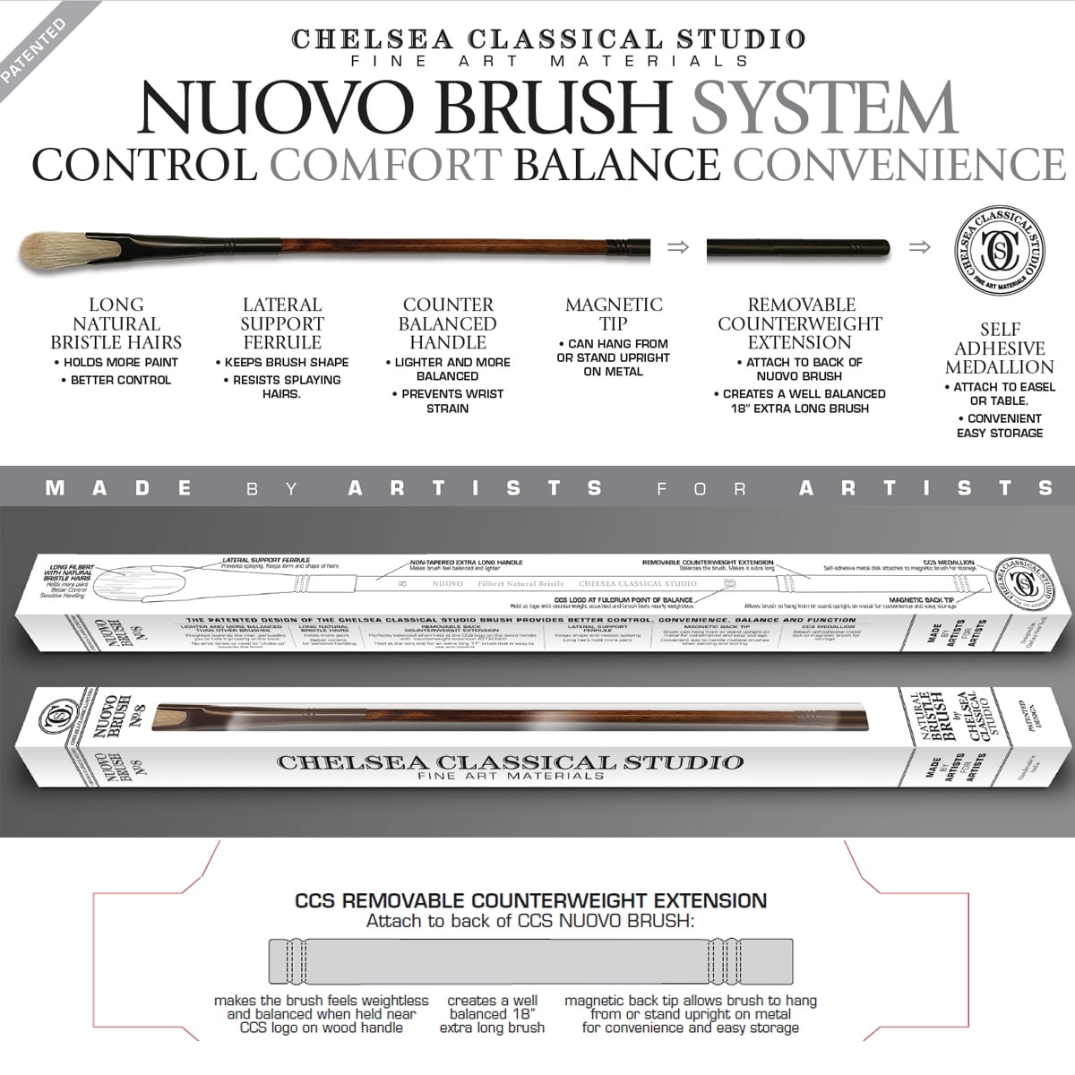 Chelsea Classical Studio Nuovo Long Handle Professional Paint Brush - Metal Medallions 5-Pack