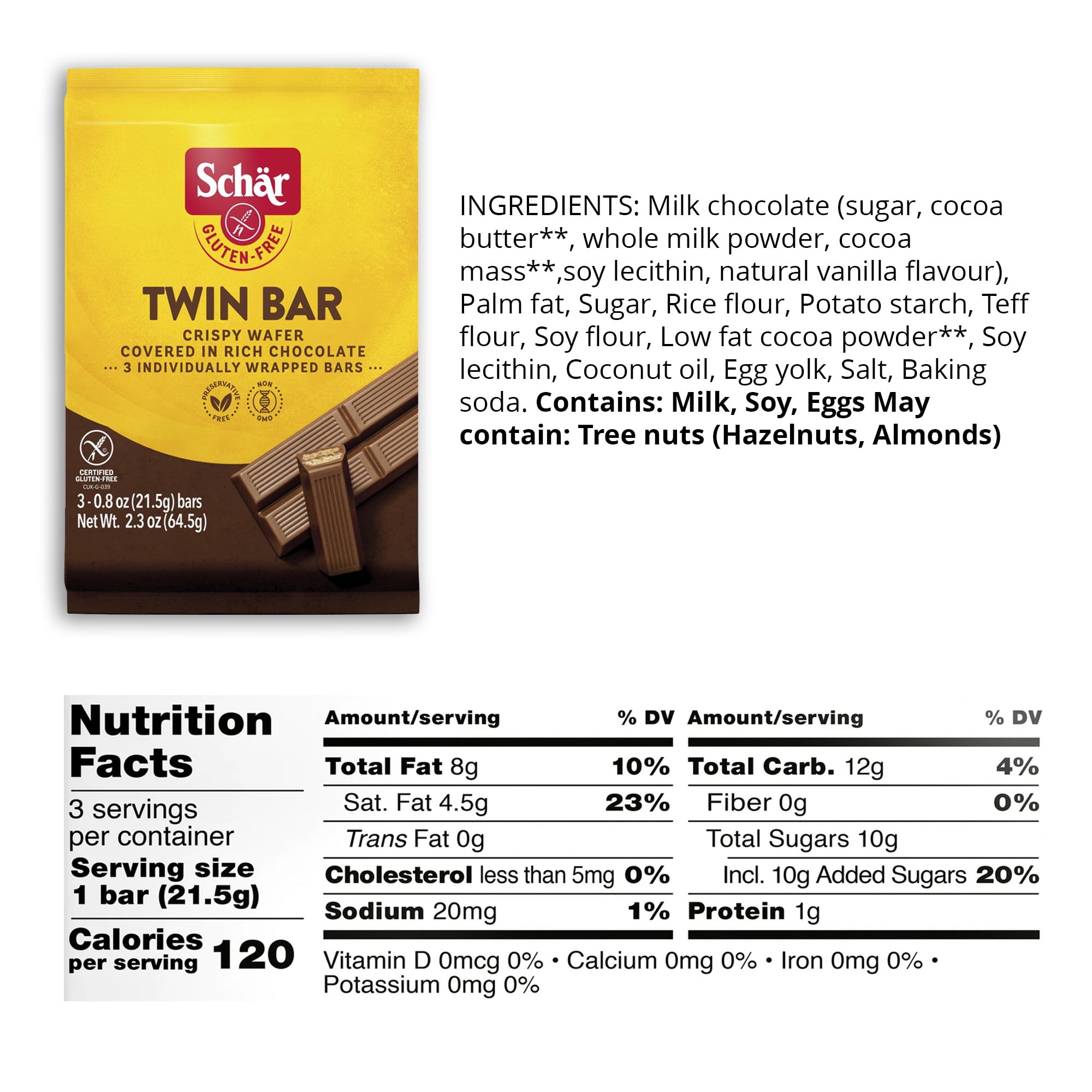 (3 pack) Schar Gluten Free Twin Bar, Chocolate Covered Crispy Wafer Bar, Paper Pouch, 0.8 oz, 3 Count