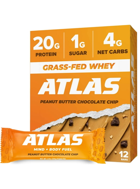 Atlas Mind + Body Protein Bar, Keto & Low Carb, 15g Protein, 1g Sugar, Peanut Butter Chocolate Chip, 10 Count