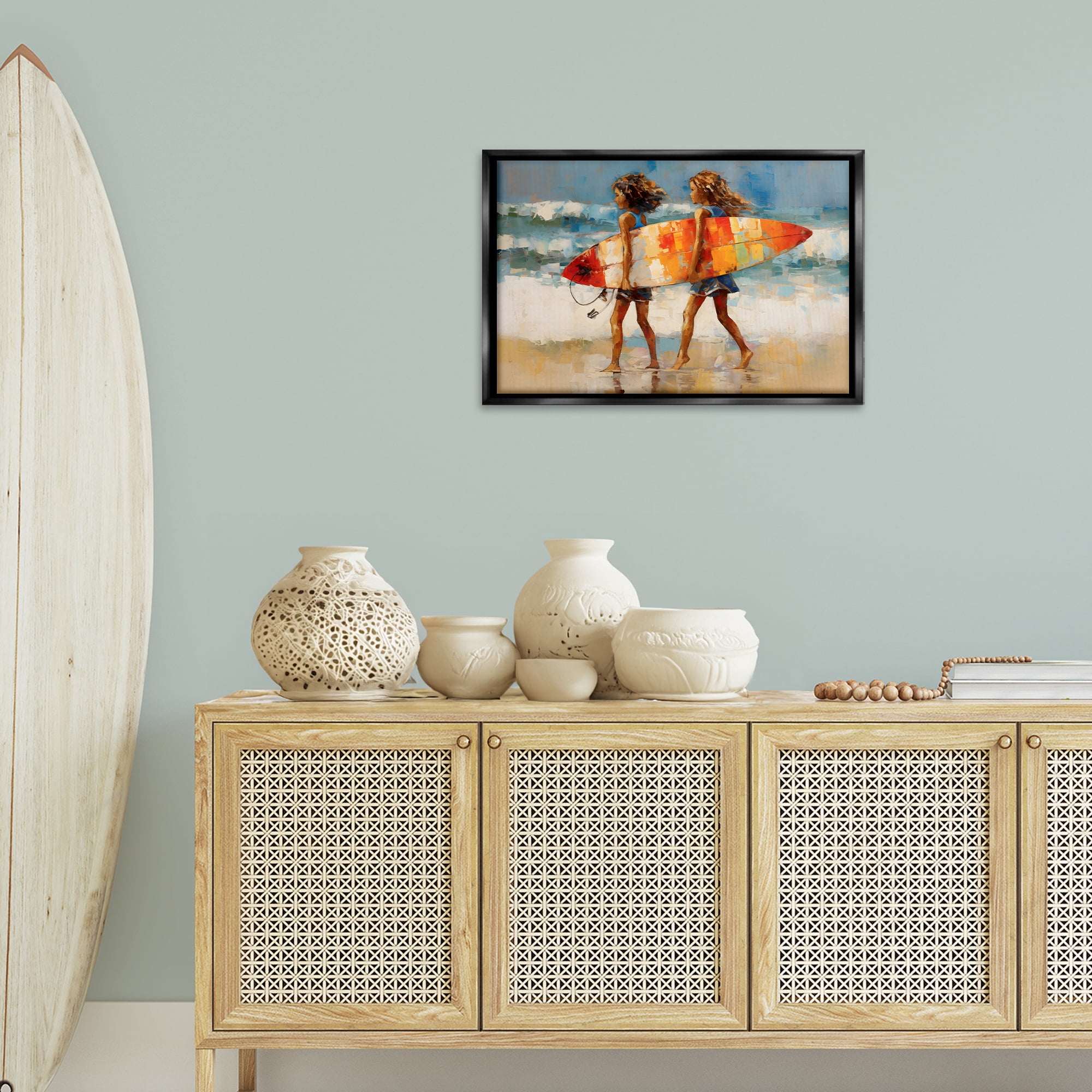 Stupell Industries Surfboard Kids Friends Sports Painting Black Floater Framed Canvas Art Print Wall Art, 25 x 17