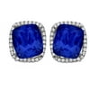 Platinum-Plated Sterling Silver Large Cushion-Cut Blue Obsidian Pave CZ Earrings