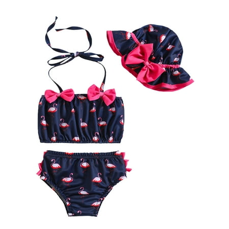 

Newborn Baby Girls Swimsuits 3 Piece Bikinis Set Print Sleeveless Halter Tops + Briefs + Hat