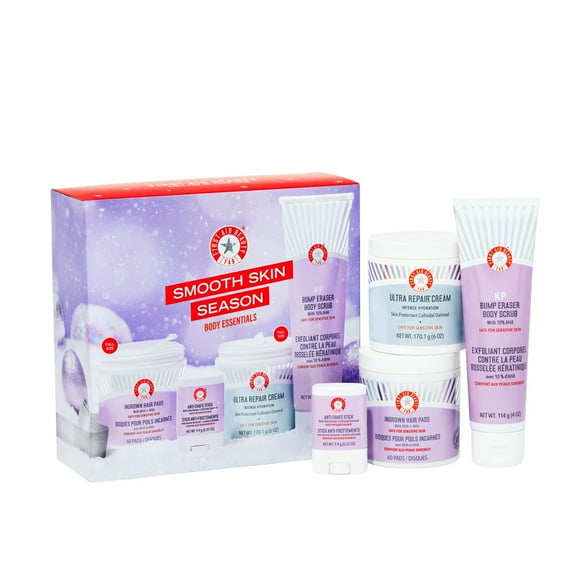 First Aid Beauty - Smooth Skin Season: KP Bump Eraser Body Scrub, 4oz, Ultra Repair Cream, 6oz, Anti-Chafe Stick, 0.35oz, Ingrown Hair Pads, 60 Pads,