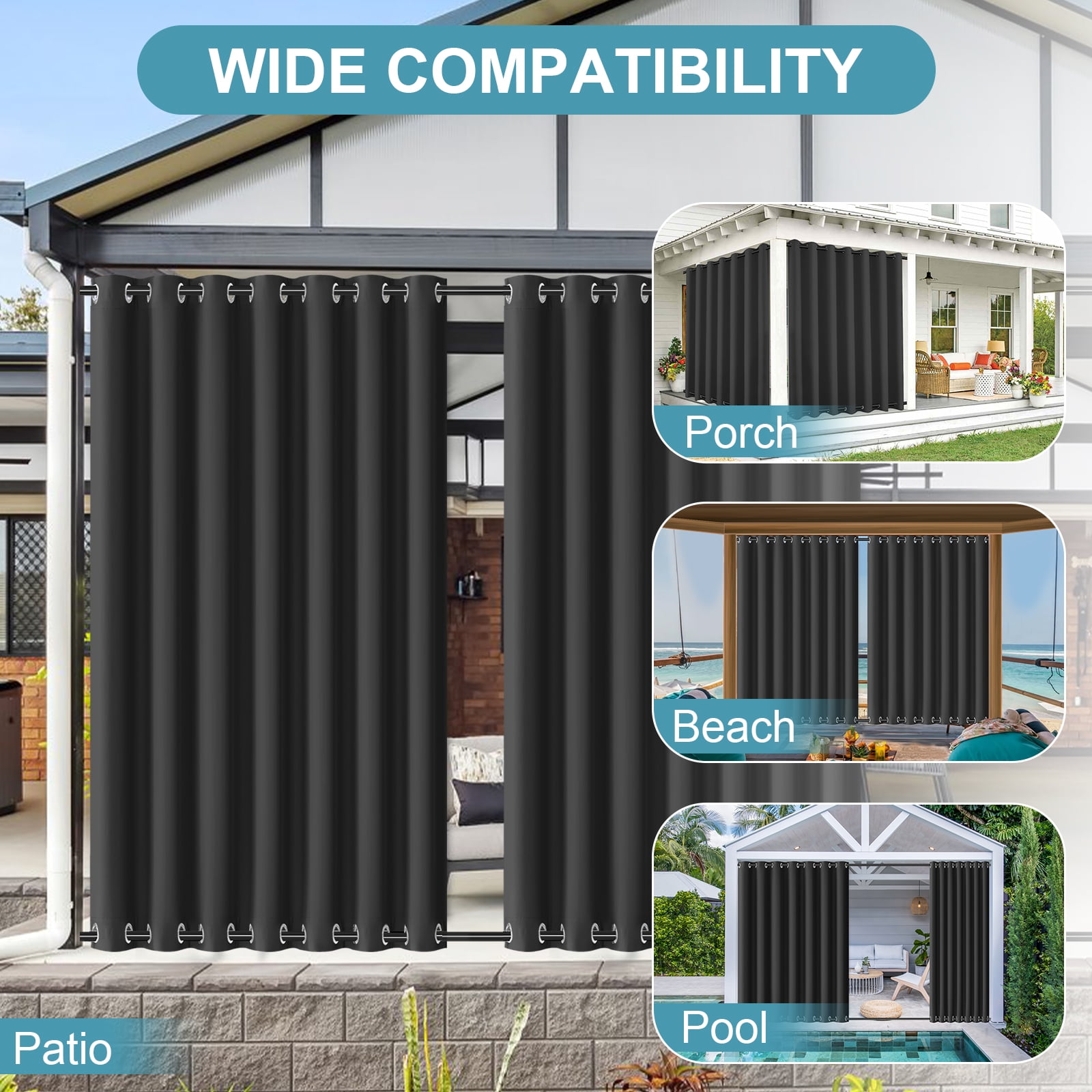 DONGPAI 100" Wide Outdoor Curtains for Patio Waterproof Blackout Privacy UV Resistant with Top and Bottom Grommet for Porch, Gazebo, Pergola, 100"x 84", Black, 1 Panel