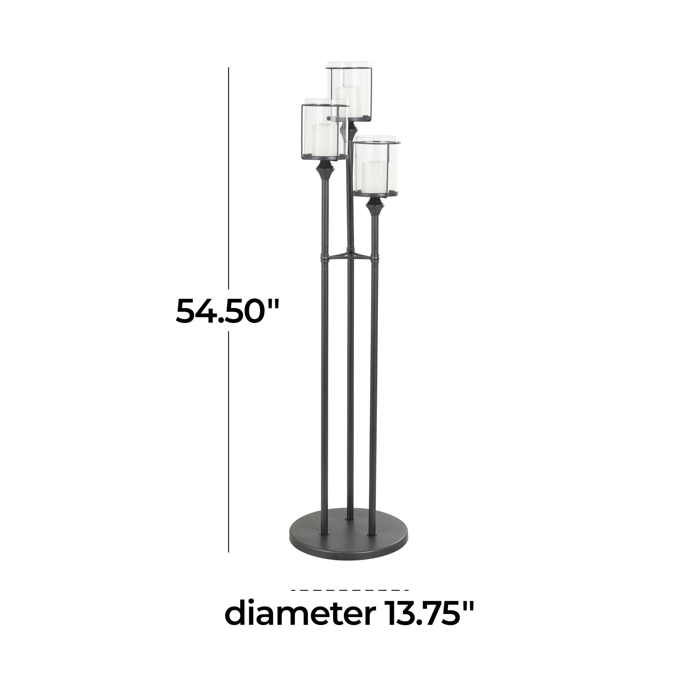 DecMode 3-Slot Black Metal Tall Floor Hurricane Lamp with 3 Posts and Round Base