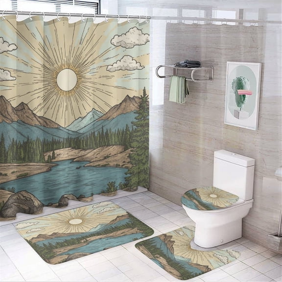 4 Pcs Shower Curtain Sets Vintage Mountain Shower Curtain And Rugs Shower Curtain Set Nature Mountain Trees Farmhouse Bathroom Decor Set for Bathroom Decor 72inch X 72inch