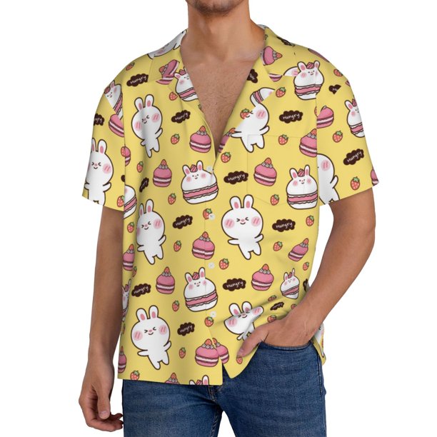 Balery Rabbit Hunger Camisa Casual de Manga Corta con Botones para Hombre, Texturizada, Estilo Cubano, para Playa, Verano-Small