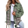 thumbnail image 1 of Asyoly Women Winter Plaid Patchwork Denim Jacket Long Sleeve Button Down Jean Shacket Jacket Boyfriend Oversized Coats Casual Loose Outwear, 1 of 6