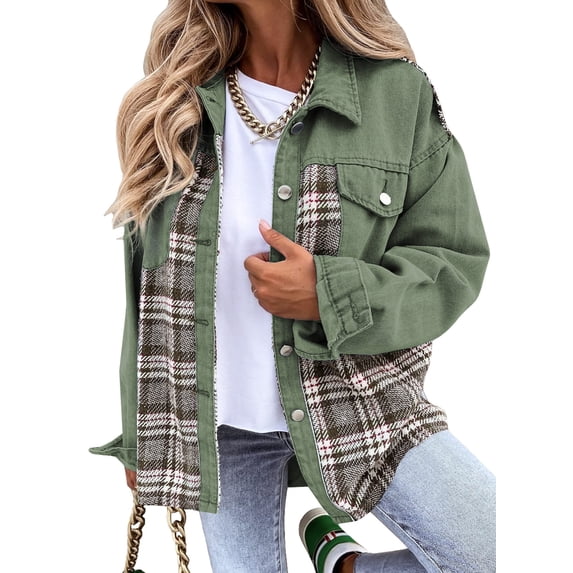 Asyoly Women Winter Plaid Patchwork Denim Jacket Long Sleeve Button Down Jean Shacket Jacket Boyfriend Oversized Coats Casual Loose Outwear