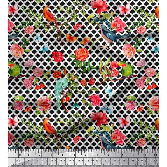 Soimoi Cotton Jersey Fabric Ogee Damask,Birds & Camellia Floral Print Sewing Fabric Yard 58 Inch Wide