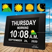 8” Digital Calendar, Clock with Day and Date for Elderly, Operated Day Clock, Digital Clock with Date and Day of Week, Digital Wall Clock, Large Digital Clock, Dementia Clock W/ Color Sun Icons