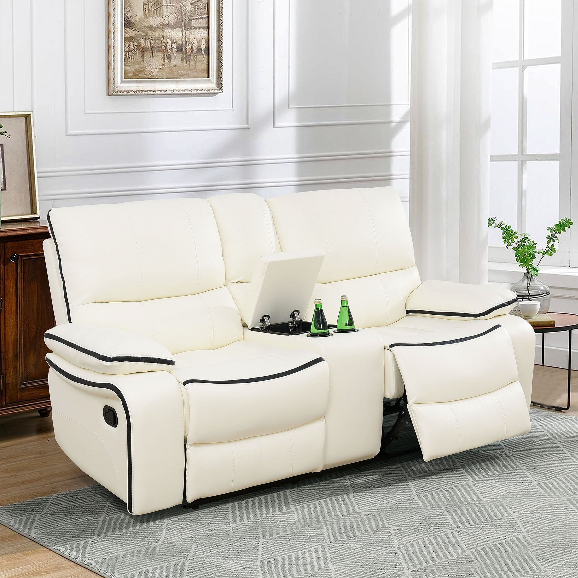 Gewnee 2-Seat Smart Sofa, Air Leather & Solid Wood Frame, Built-in Cup Holder, Adjustable Recline for Living Room Home Relaxation, Off-white