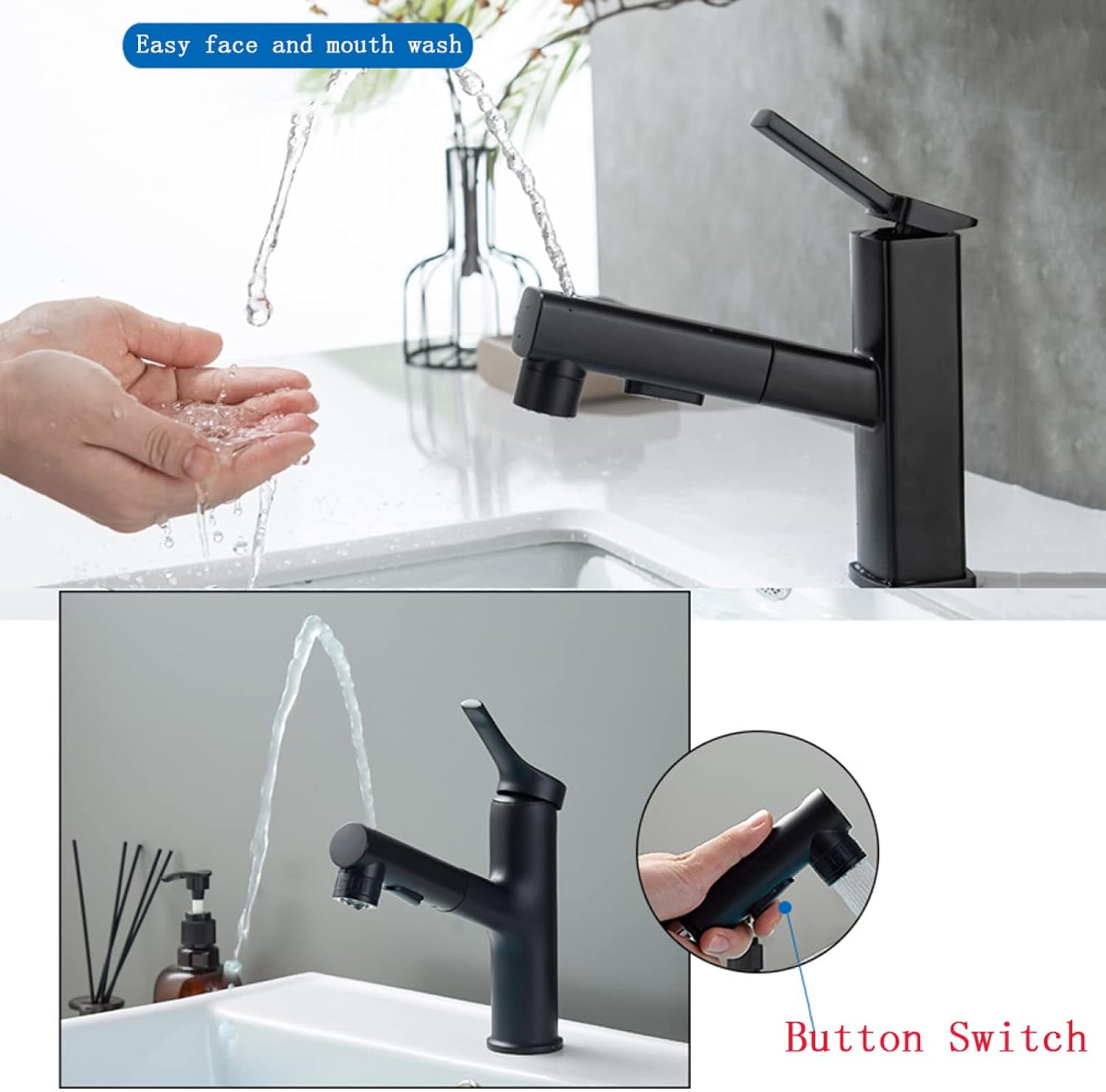 Pull Out Bathroom Faucet,Single Hole Bathroom Sink Faucet with 3 Modes Pull Down Sprayer Basin Tap,Brass Single Handle Bathroom Basin Faucet for Hot and Cold Water,Black