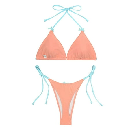 Womens Bikinis Summer Solid Color Lace Up Halter Sexy Brassiere With Thongs Two Piece Bikini Sets For Women Activewear Pink M