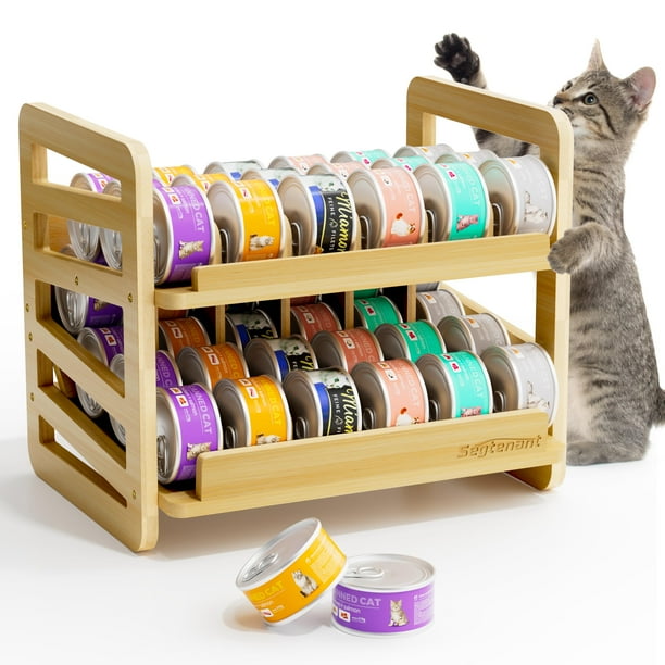 Organizador de latas de comida para gatos con forma de rollo de bambú, 2 capas, almacenamiento húmedo