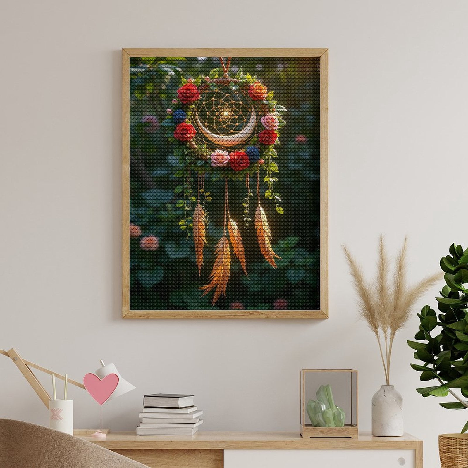 Diamond Art Kits for Adults, Dreamcatcher Crescent Roses Feathers 5D Diamond Painting Kits for Adults Beginners, DIY Full Drill Diamond Painting, Gem Art and Crafts 12x16