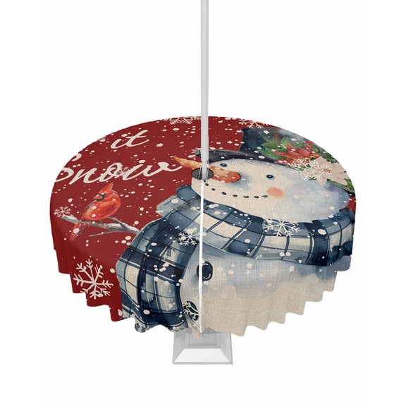 Fsddascl Red Snowman Christmas Outdoor Tablecloth - 60 Inch Round Dining Table Cover, Snowflake Birds Botanical Waterproof Outdoor Table Cloth with Umbrella Hole & Zipper for Picnic/Patio/Party