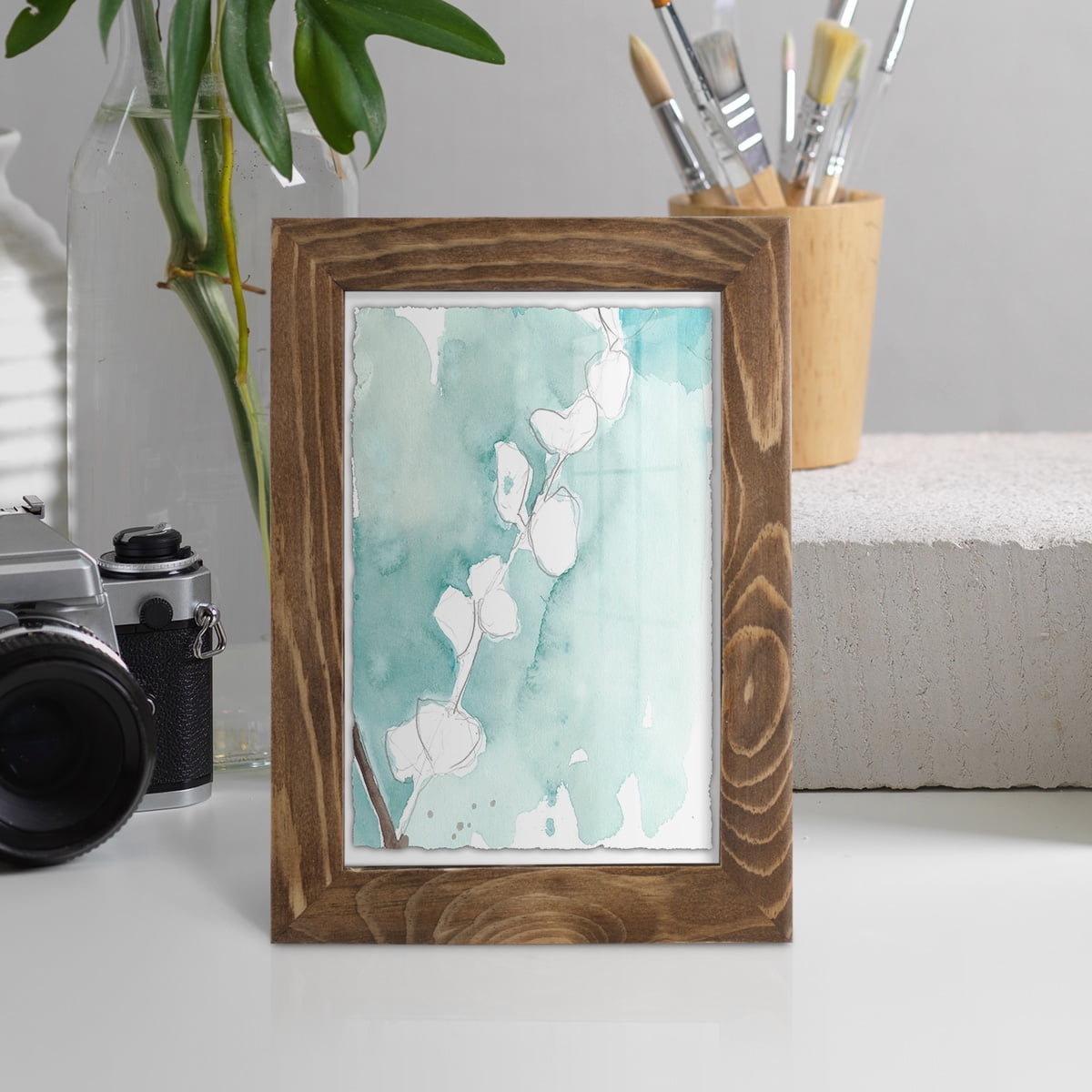 Ginkgo on Dusty Teal V - Framed Print w/glass - Walnut