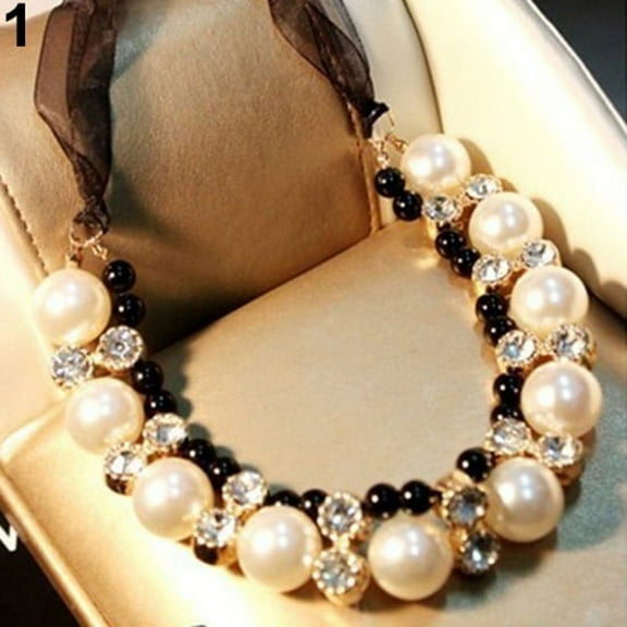 harmtty Women Double Row Faux Pearl Adjustable Ribbon Chain Choker Necklace,White-Black