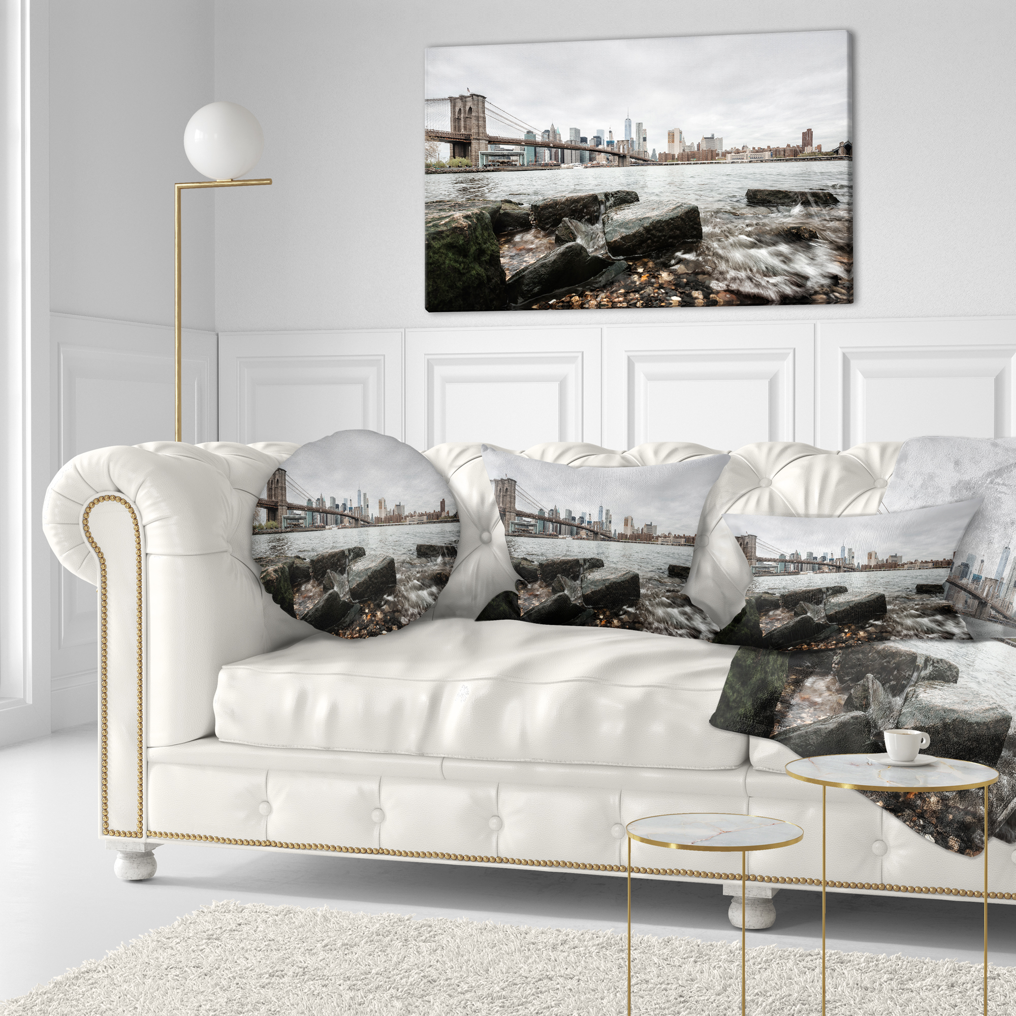 Designart Brooklyn Bridge with Rocks on Shore - Cityscape Throw Pillow - 12x20