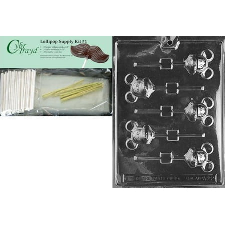 Cybrtrayd 45StK25G-A022 Mouse Mickey Lolly Chocolate Candy Mold with Lollipop Supply Kit, 25 Lollipop Sticks, 25 Cello Bags and 25 Gold Metallic Twist Ties