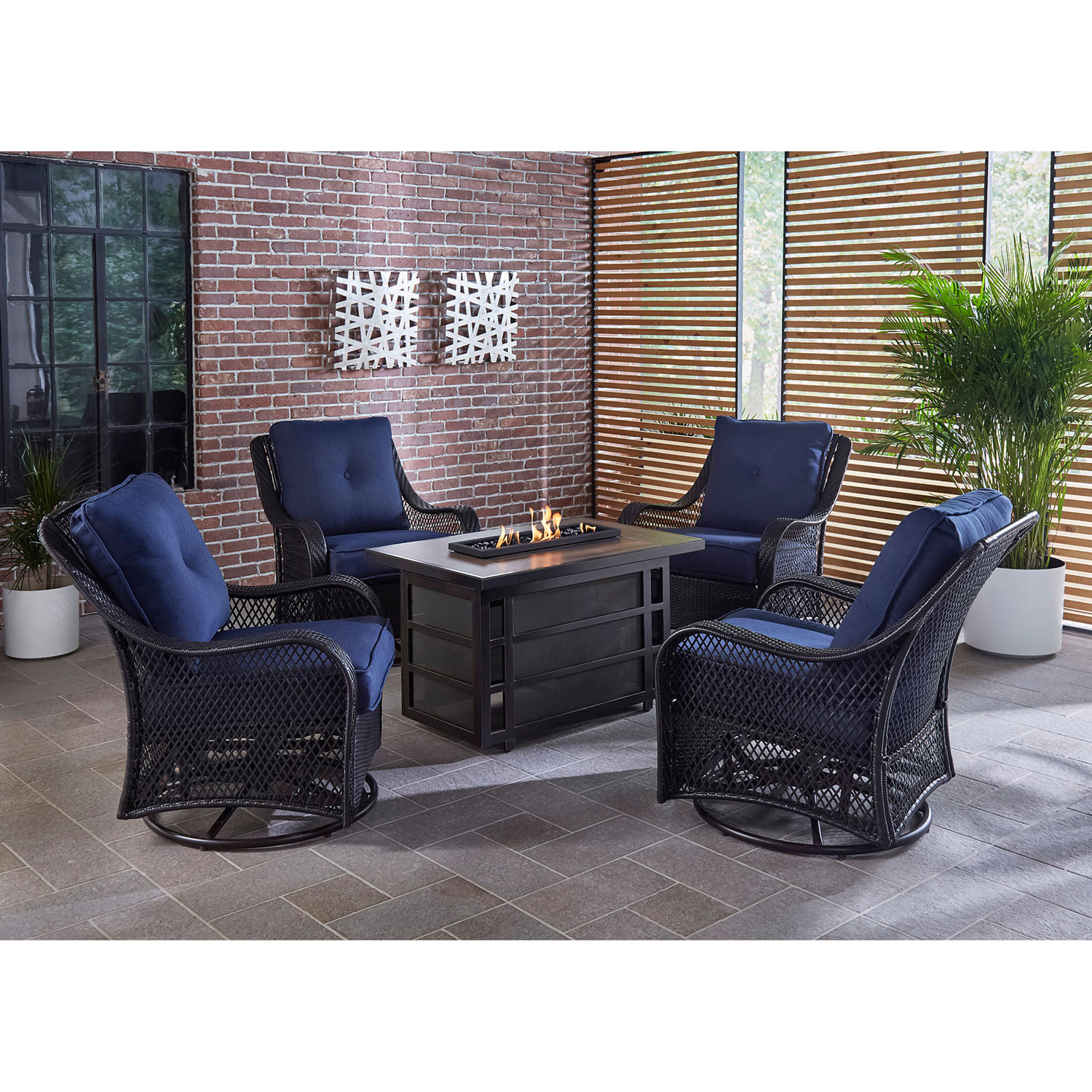 Hanover Orleans 5 Pcs Wicker and Steel Propane Fire Pit Chat Set, Navy Blue - image 2 of 10