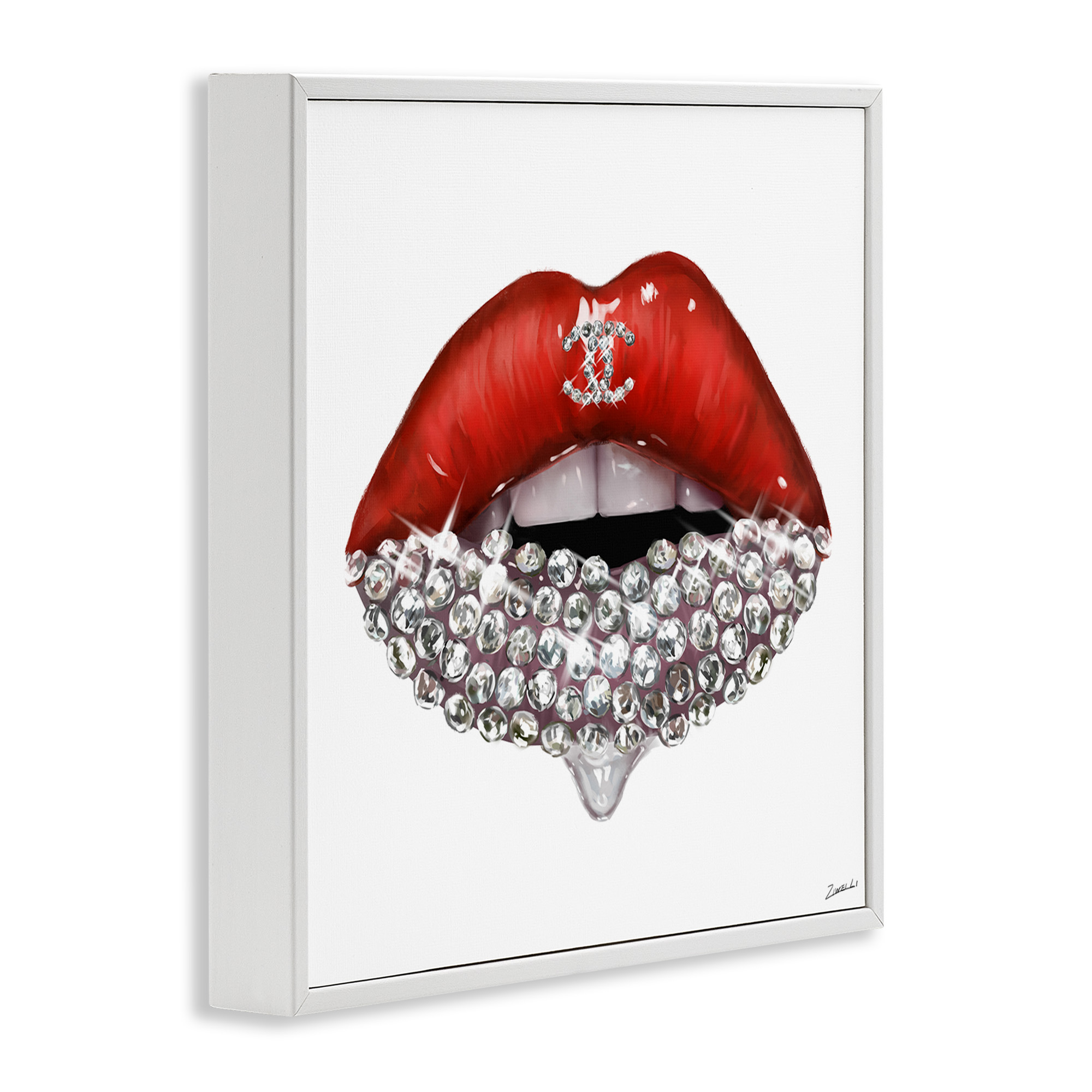 Stupell Industries Chic Red Lip Gemstones Beauty & Fashion Painting White Framed Art Print Wall Art, 24 x 24