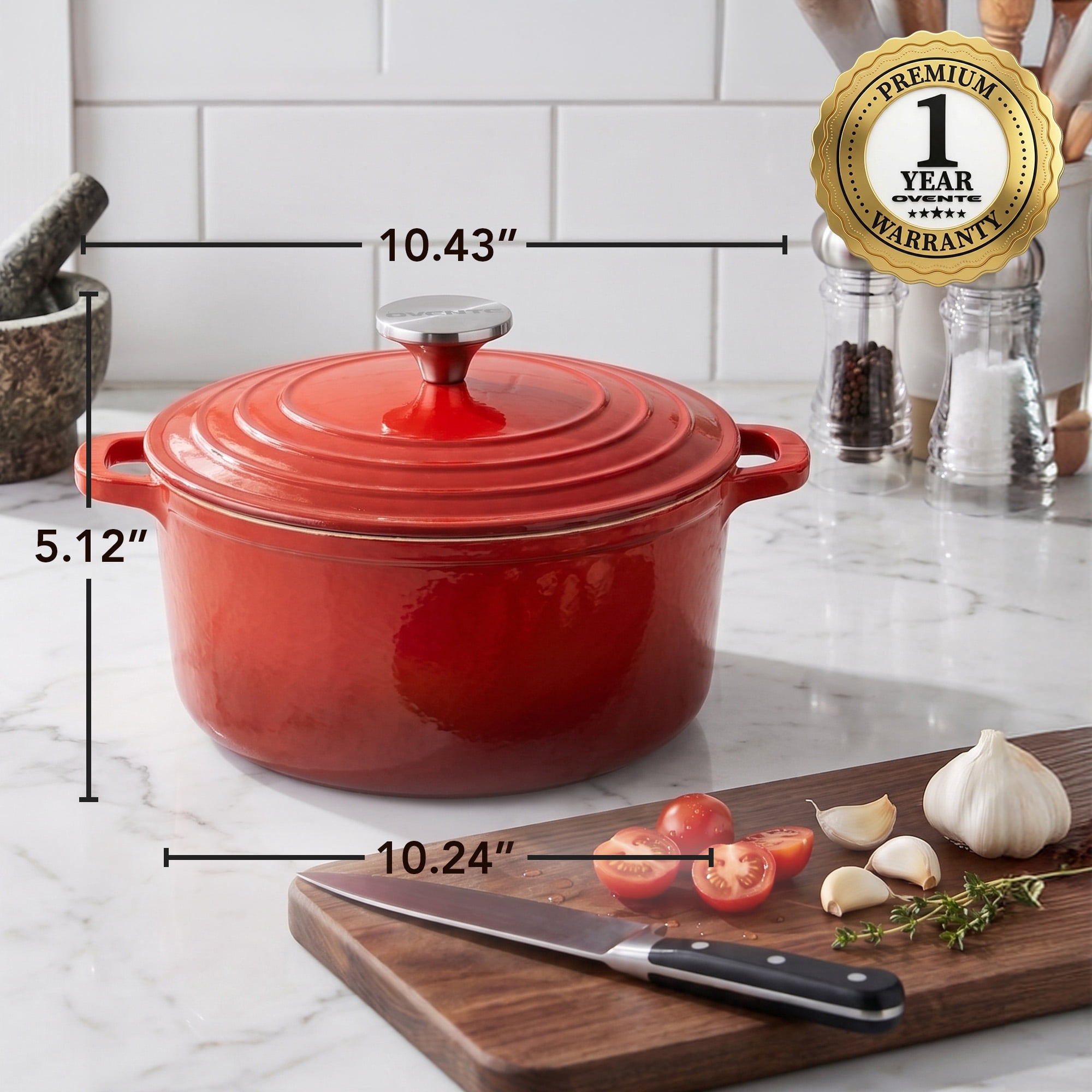 OVENTE 4.6 Qt Aluminum Dutch Oven with Lid, Red DOA546R | Non-Stick Coated Cookware for Sourdough Bread Baking, Braising, Cooking Soups & More, Dishwasher Safe, Works on All Stovetops