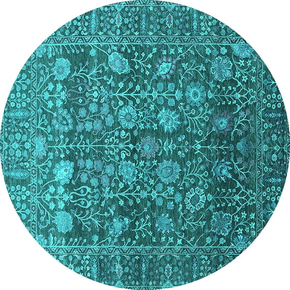 Ahgly Company Machine Washable Indoor Round Oriental Turquoise Blue Industrial Area Rugs, 4' Round