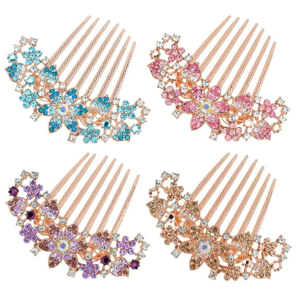 4 Pack Luxury Glitter Sparkly Jeweled Gems Crystals Rhinestones Gold Metal Hair Side Combs Slides with Long Teeth Hair Bun Chignon Accessories Hairpins Barrettes Clips for Women Girls