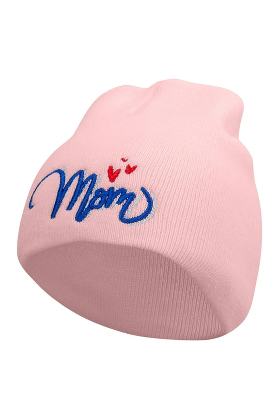 Mom Embroidered 8 inch Acrylic Short Blank Beanie - Pink OSFM