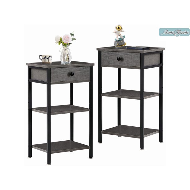 Modern End Tables,Tall Nightstands Set of 2 with 3Layer Storage Shelf