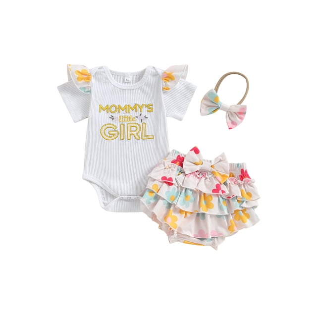 Gupgi Newborn Baby Girls 3 Piece Summer Outfits Set, Infant Letter Embroidery Ribbed White Romper+Layered Ruffled Floral Shorts+Bow Headband