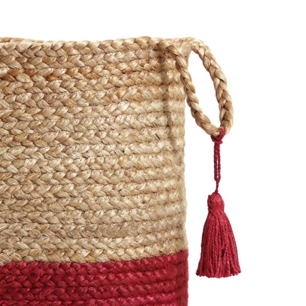 LR Home Woven Round Jute 17" Storage Basket with Handles, Red Stripe
