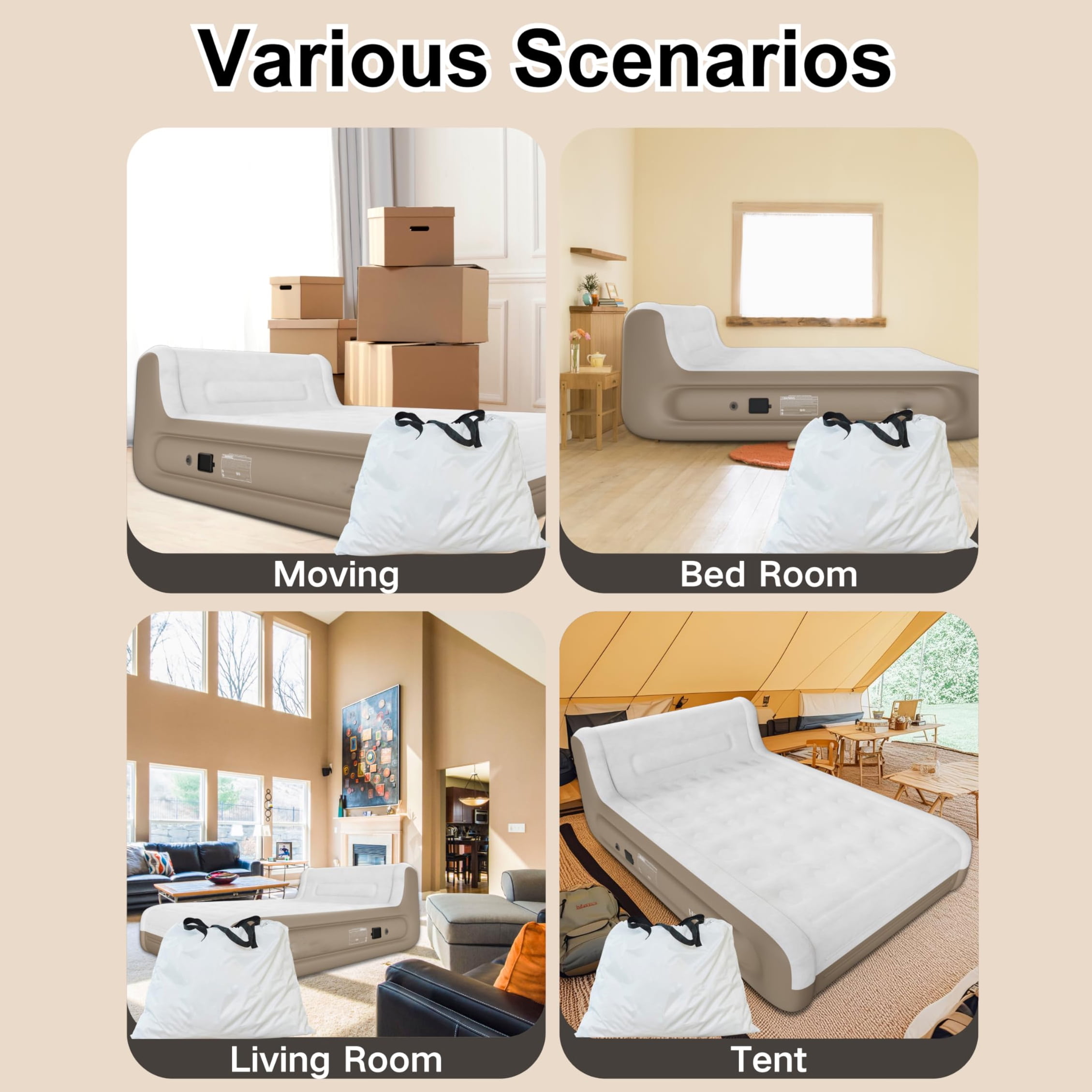 Queen Air Mattress with Headboard,Built in Pump,18”Self Inflating Air Bed for Family Guest Travel Camping,Khaki