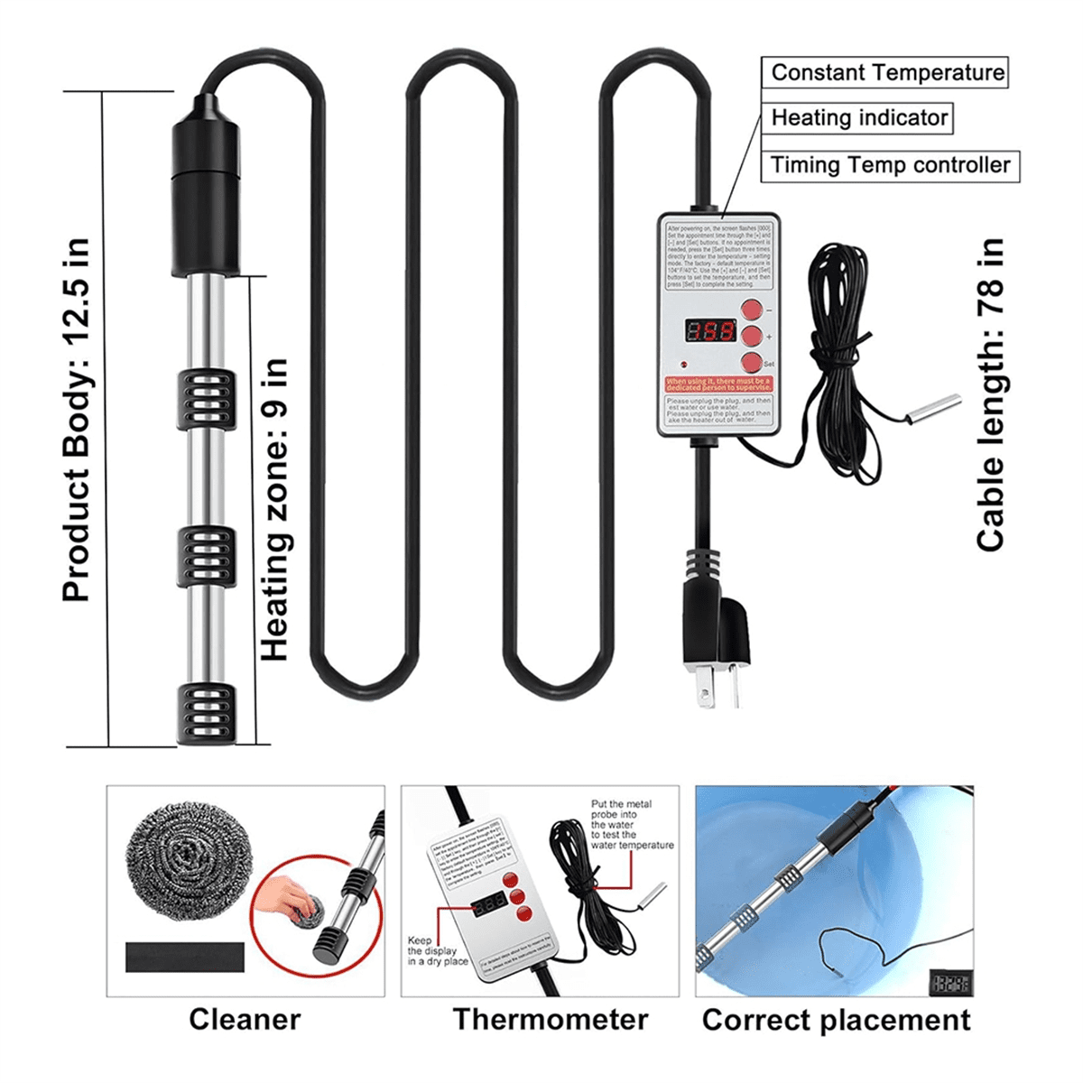 Immersion Water Heater,1500W Portable Electric Stainless Heaters with Guard Cover, for Pool Bathtub US Plug 1500W