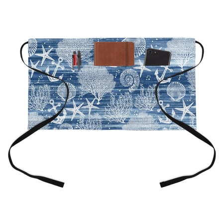 Summer Navy Blue Ocean Half Waist Apron Vintage Nautical Sea Anchor Coral Shell Starfish Short Waiter Aprons with 3 Pockets for Women Men Kitchen Restaurant Cooking