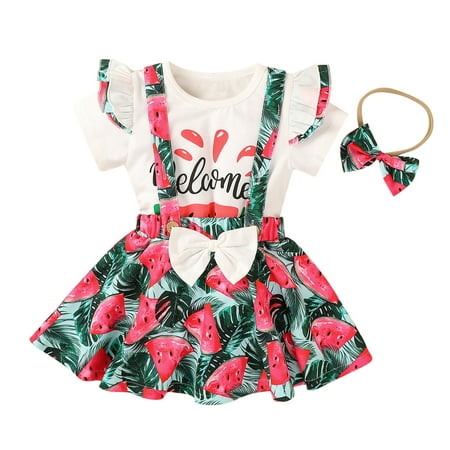 

OVTICZA Toddler Baby Girls Floral Summer T Shirts and Bow Suspender Skirt Set Outfit Short Sleeve Clothing Set with Headband Hot Pink 100