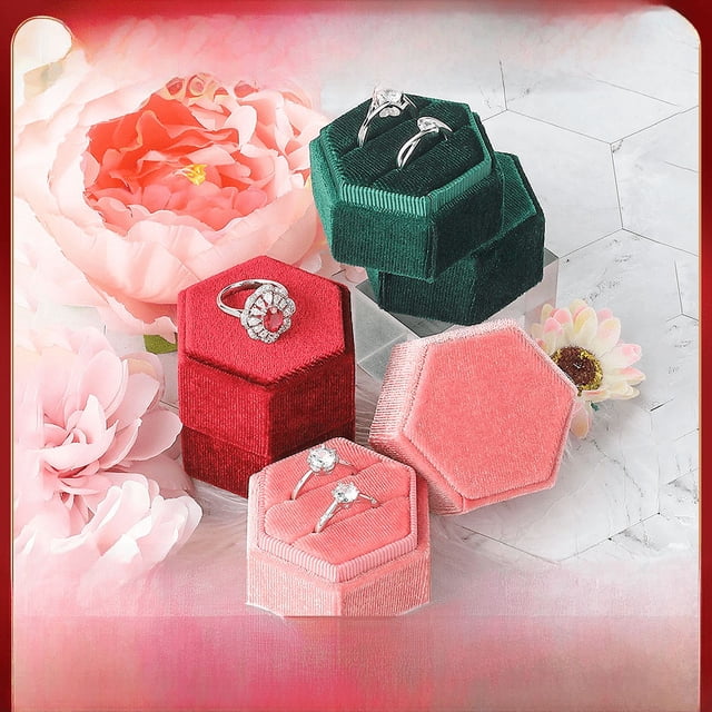 Caja de terciopelo para anillos y pendientes de boda, caja hexagonal rosa para anillos y pendientes