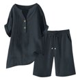 thumbnail image 2 of Womens Plus Size Linen Shorts Sets - 2 Piece Summer Outfits - Ladies Casual Button V-Neck Short Sleeve Shirts Tops and Elastic Waist Drawstring Bermuda Shorts Pants Sets, 2 of 4