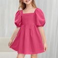 thumbnail image 2 of Fesfesfes Girls'Summer Solid Color Short Sleeve Crew Neck Elastic Waistband Dress with Pockets Casual Comfortable Cotton Blend Dress for Kids(Red,3 Years), 2 of 8
