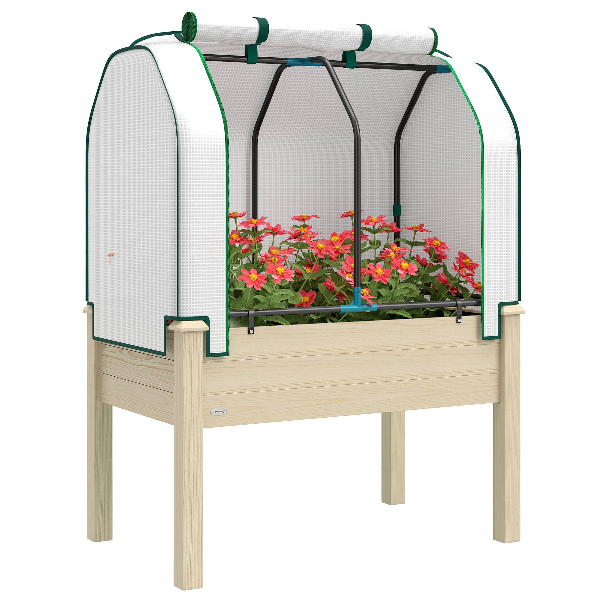 Outsunny Raised Garden Bed with PE Greenhouse Cover Outdoor Elevated Wood Planter Box for Herbs, Vegetables, for Patio, Backyard, Balcony, Natural