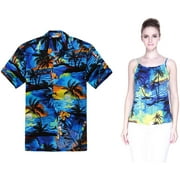 Couple Matching Hawaiian Luau Outfit Aloha Shirt and Spaghetti Strap Top in Sunset Patterns in 2 Colors