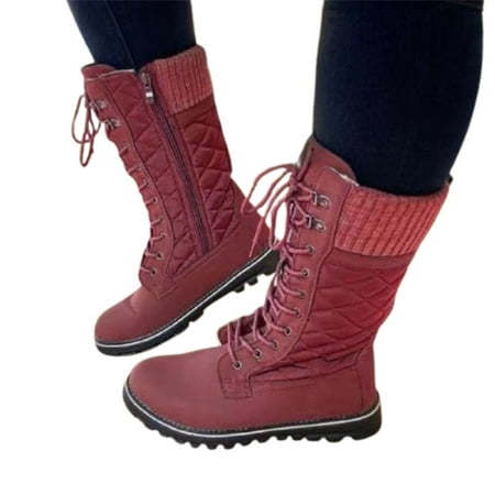 

Women s Waterproof Warm Winter Boots Women s Side Zipper Round Head Boots Solid Lace Up Adds Flat Heel Boots 36 Purplish Red
