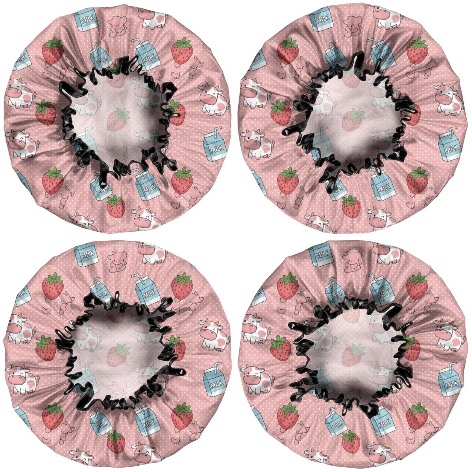Shower Caps,Pink Cow Milk Strawberry Pattern Waterproof Shower Cap for Women 4 Pieces,Double Reusable Hair Cover for Shower PEVA Elastic Stretch Hem