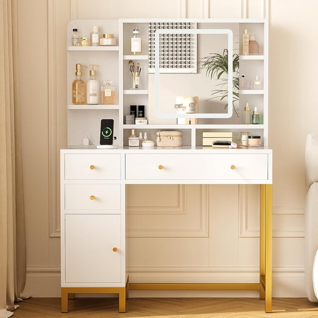 Bingirl White Vanity Desk with LED Lighted Mirror and Power Outlet - 3 Lighting Colors Makeup Dressing Table for Bedroom